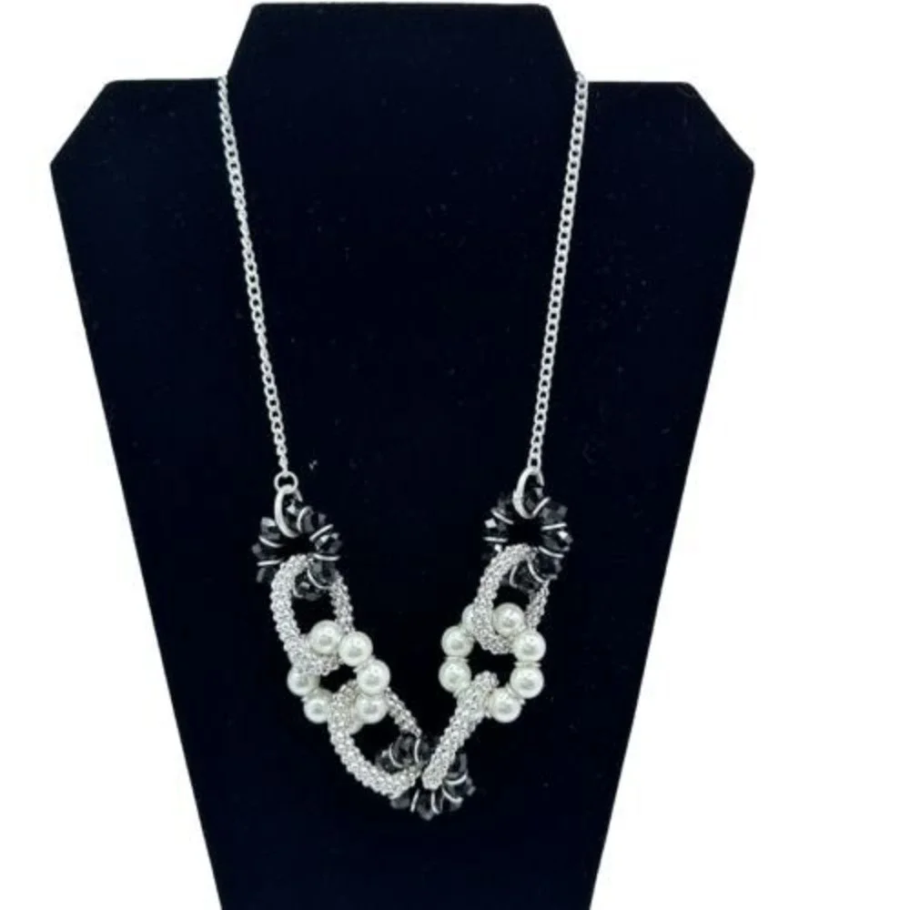 New York & Company Silver Tone Faux Pearl Black Beaded Bib‎ Statement Necklace